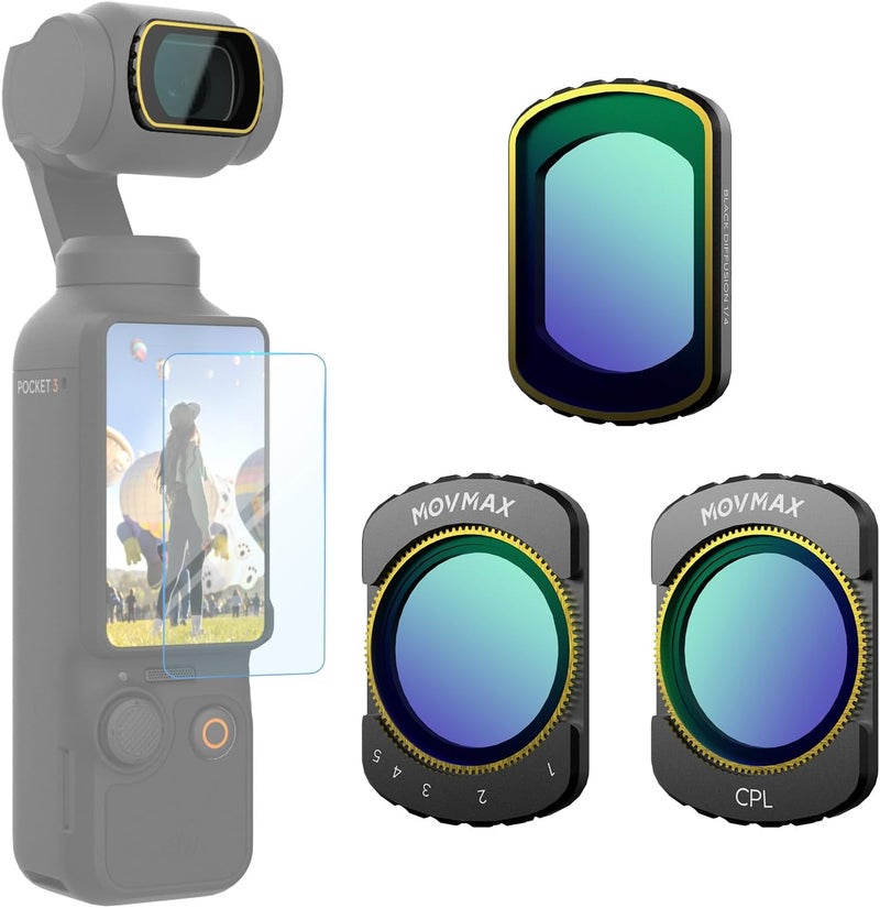 Vaxis Global MOVMAX Magnetic Black Mist & ND & CPL Filter Set Compatible with DJI Osmo Pocket 3 Creator Combo Accessories - 3 Pack (Black Diffusion 1/4 Filter, Variable ND2-32, CPL) Includes 1 LCD Screen Protector - Image 1